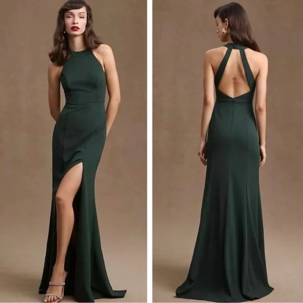 BHLDN Lennox Halter Open Back Side Slit Stretch Crepe Gown NWT